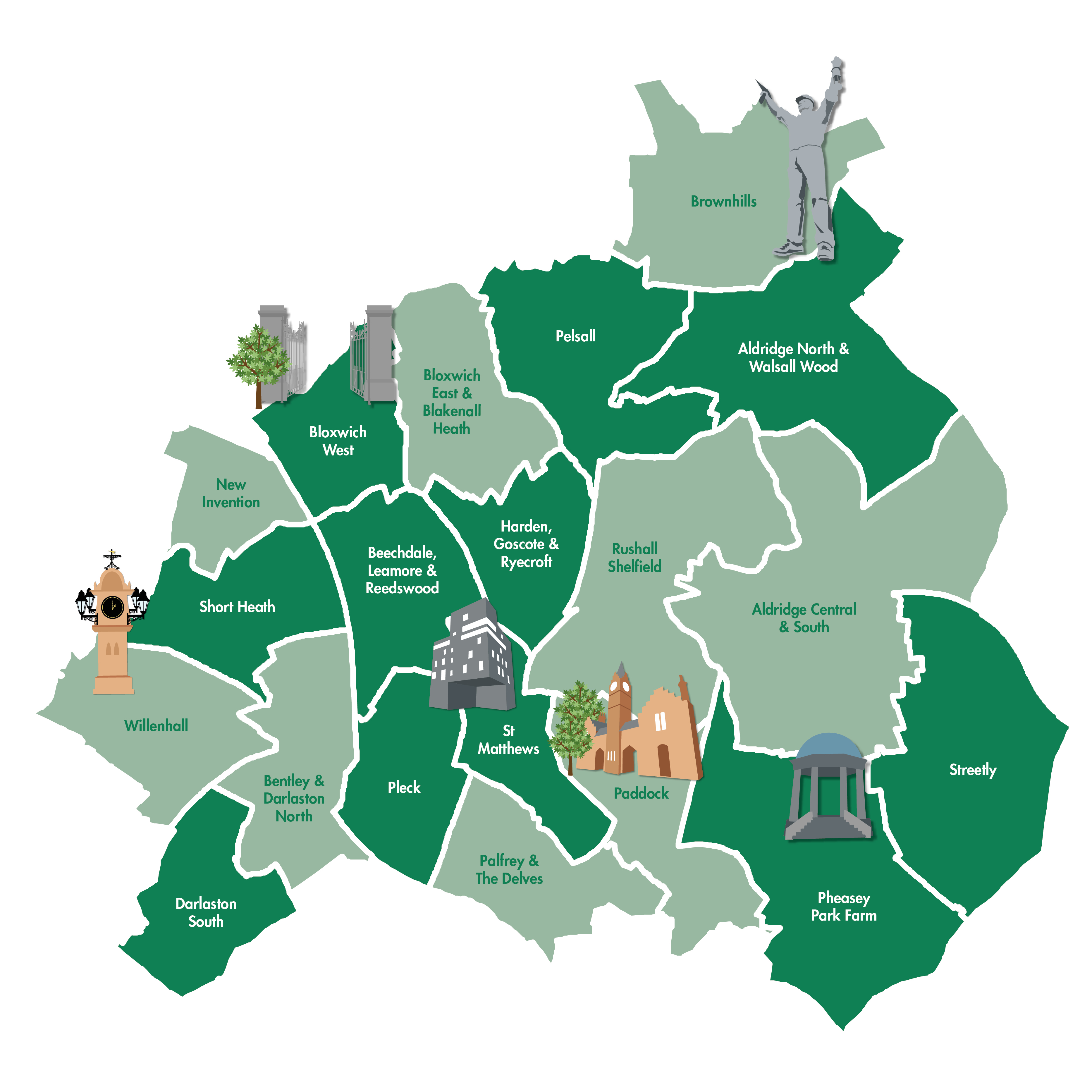 Walsall Council Map – showing all 20 new wards: Aldridge Central and South, Aldridge North and Walsall Wood, Beechdale, Leamore and Reedswood, Bentley and Darlaston North, Bloxwich East and Blakenall Heath, Bloxwich West, Brownhills, Darlaston South, Harden, Goscote and Ryecroft, New Invention, Paddock, Palfrey and The Delves, Pelsall, Pheasey Park Farm, Pleck, Rushall-Shelfield, St Matthew’s, Short Heath, Streetly, and Willenhall.